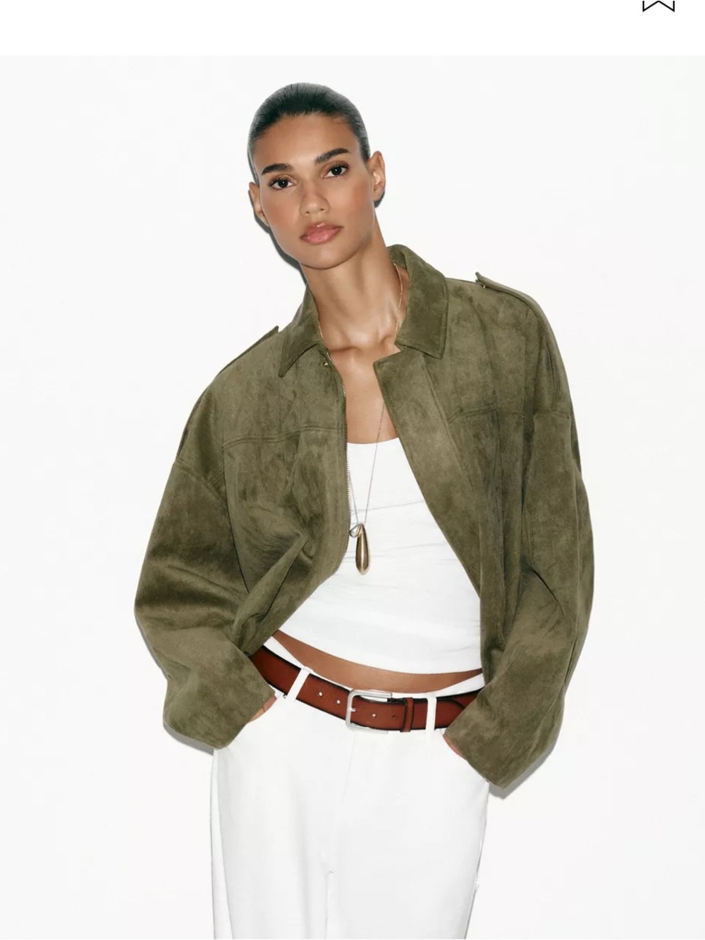 Zara Olive Suede Jacket with White Wide-Leg Pants
